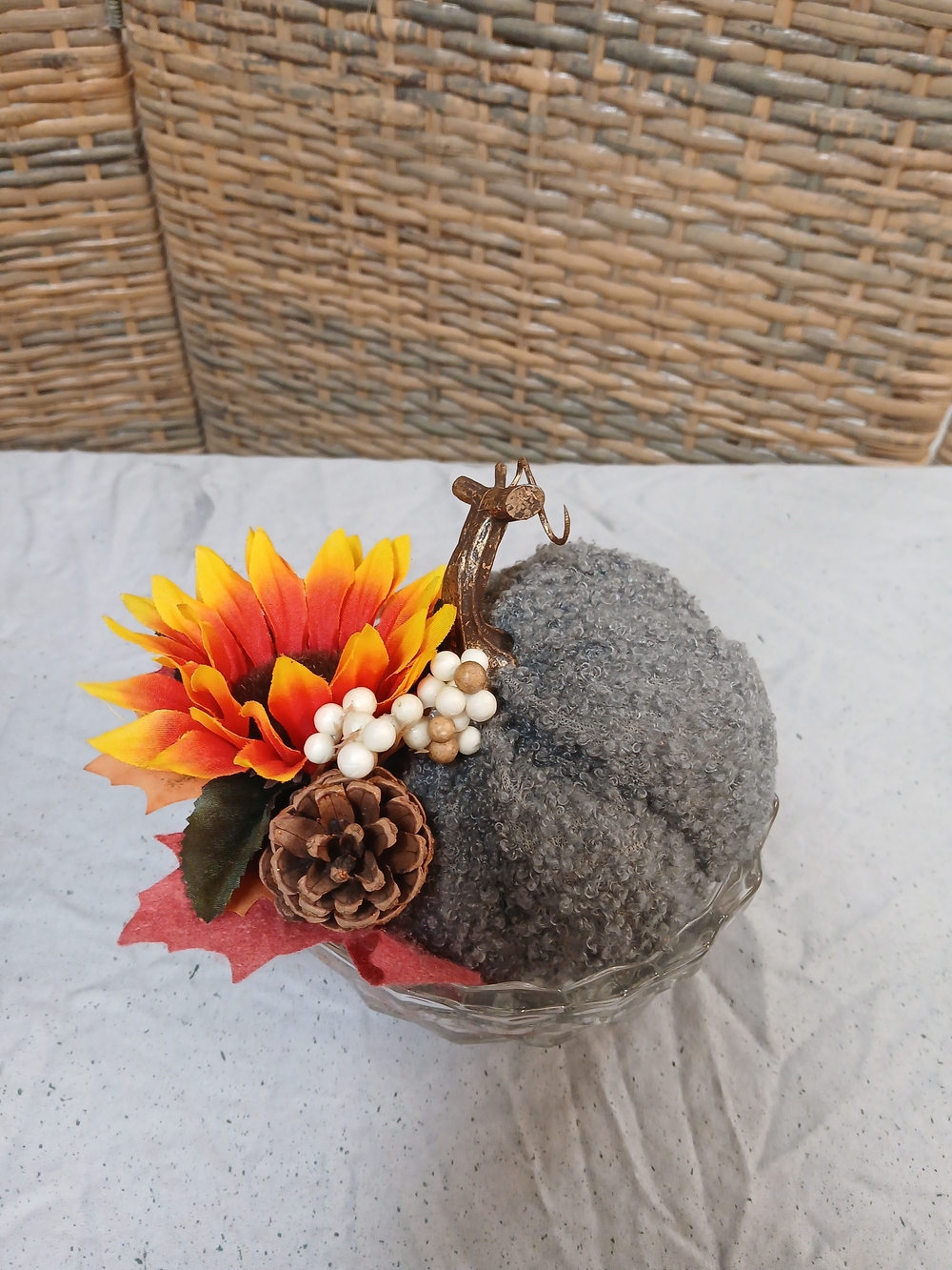 Handcrafted Fall Gray Fabric Pumpkin Accent with Sunflower & Pinecone Decor